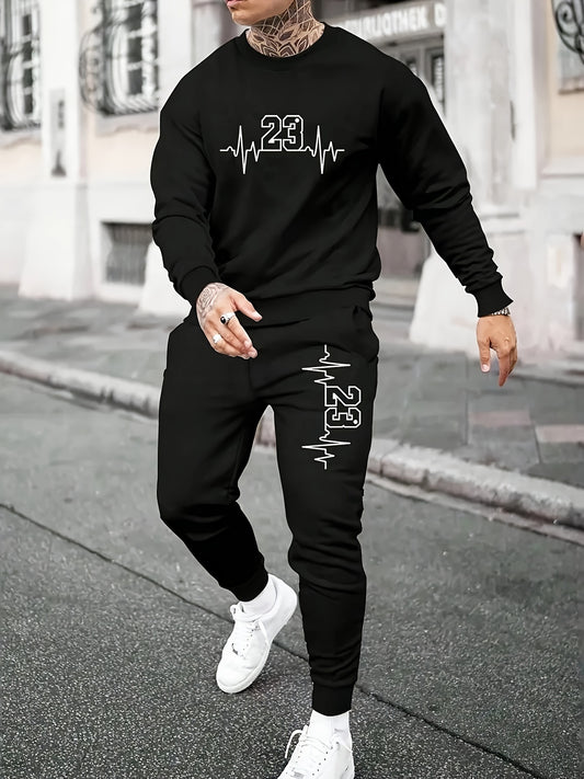 Men'S Sports Sweat Suit Set Polyester Crew Neck Long Sleeve Top & Drawstring Joggers 2pcs Outfit, Athletic Knit Fabric Stretch Fall/Winter Patterned Sweatsuit Lash Sets Regular Fit