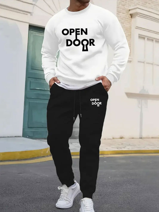 Men'S Casual Sports Sweatshirt and Joggers Set, Geometric Lettering OPENDOOR Print, Polyester Knit, Regular Fit, Stretch Fabric, Pocket Detail, Round Neck, Autumn/Winter Collection