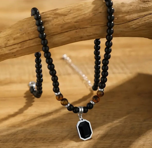 Collier pour homme en pierre naturelle , perles noires œil de tigre, fait à la main Maroc