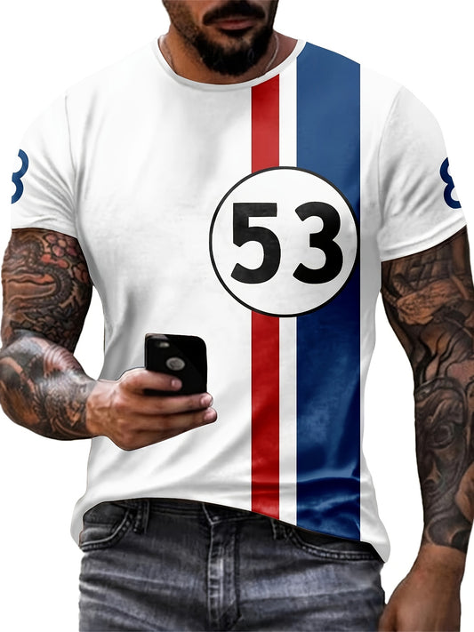 Men's #53 Print And Color Block Striped T-shirt, Crew Neck And Short Sleeve Tee, Classic And Chic Tops For Summer Outdoors Leisurewear